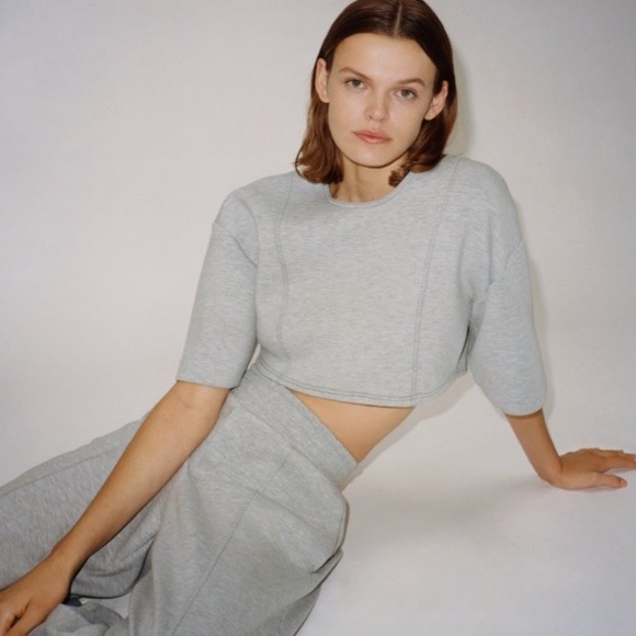 🐚 ZARA GREY SHORT SLEEVE PLUSH LOOSE FIT CROPPED WORKOUT TOP! - Picture 12 of 16